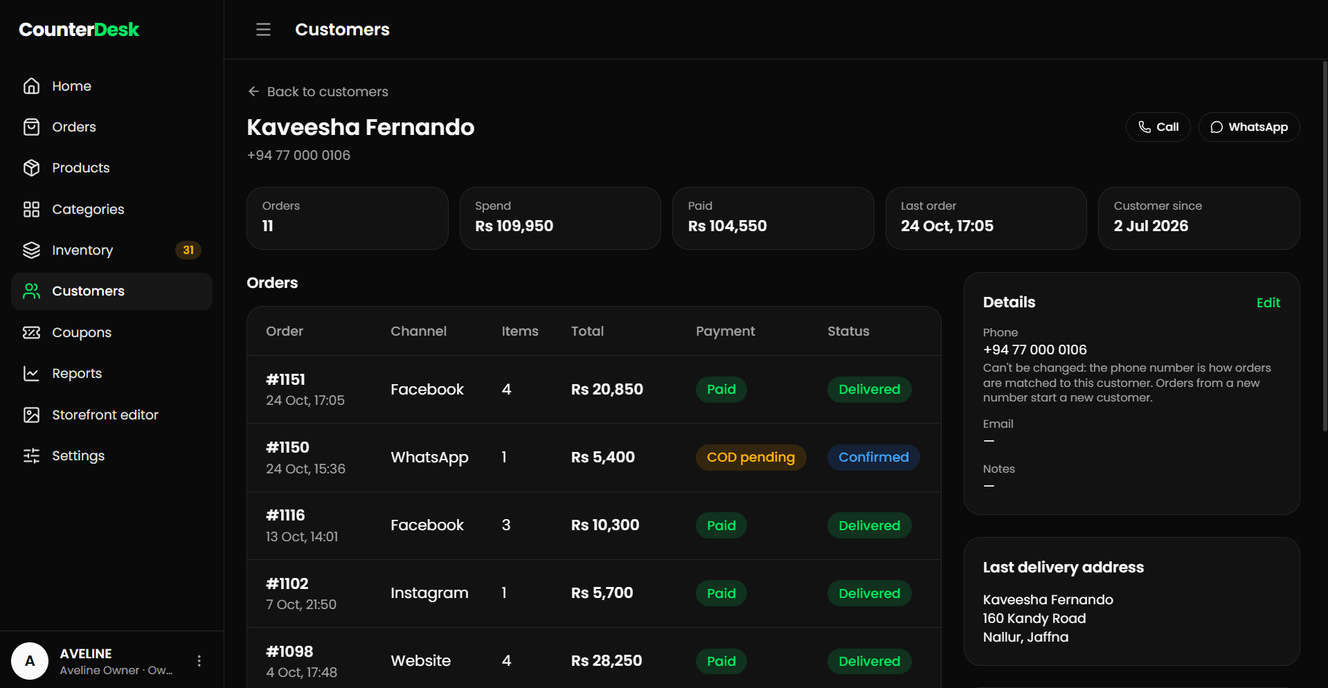 The CounterDesk customer list with orders and total spend