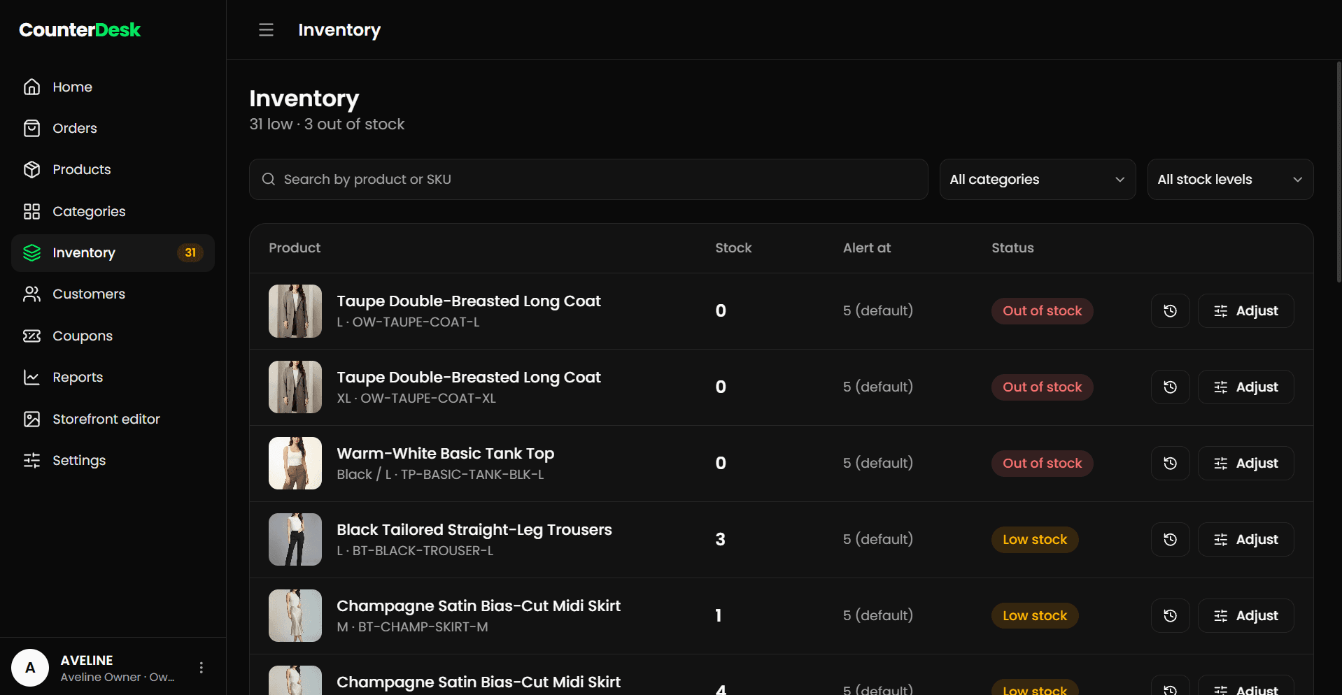 CounterDesk inventory with stock levels and low-stock alerts