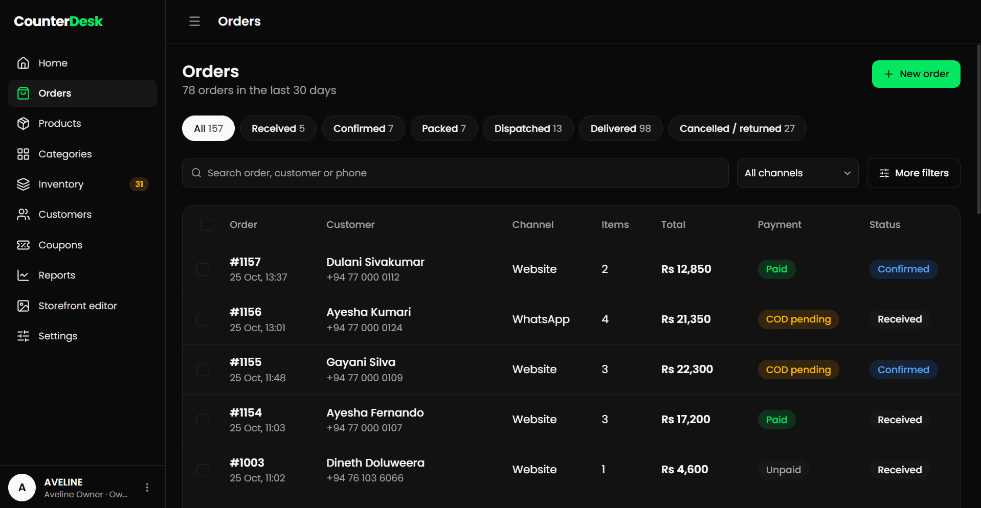 The CounterDesk order list with status and payment for each order