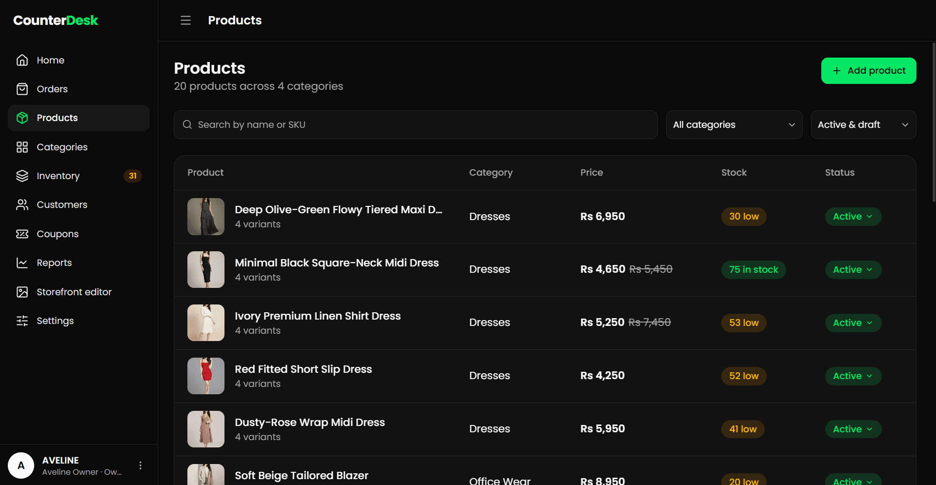 The CounterDesk product list with variants, prices and stock