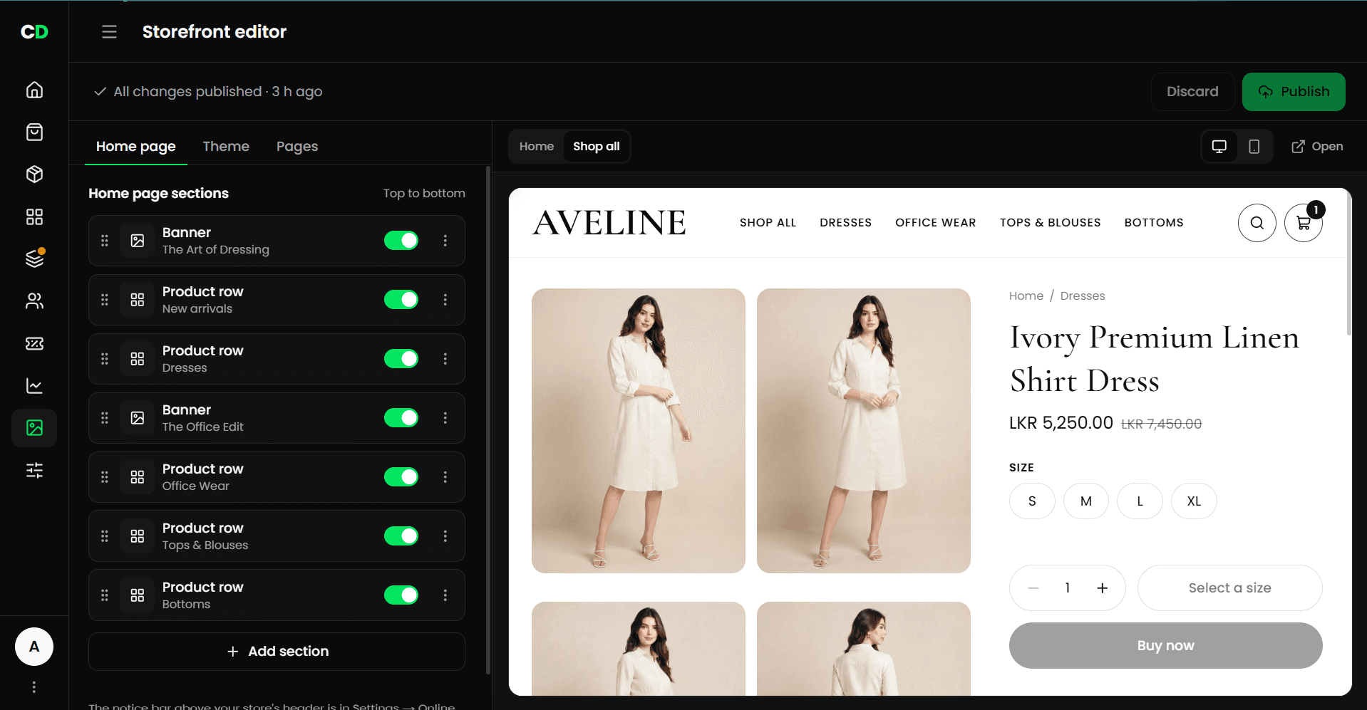 The CounterDesk storefront editor with home page sections and a live preview